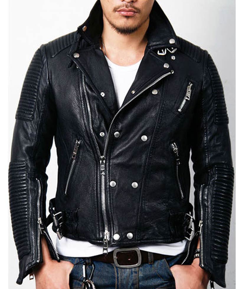 Men's Padded Design Black Leather Moto Jacket