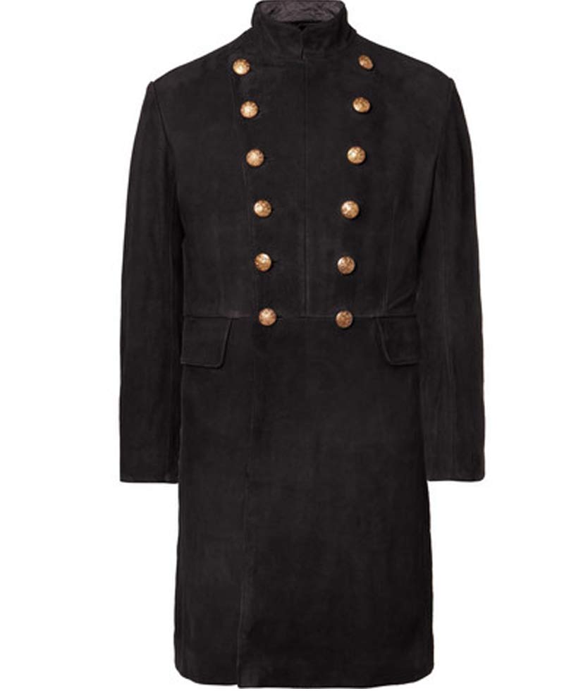 Men's Double Breasted Military Black Suede Coat