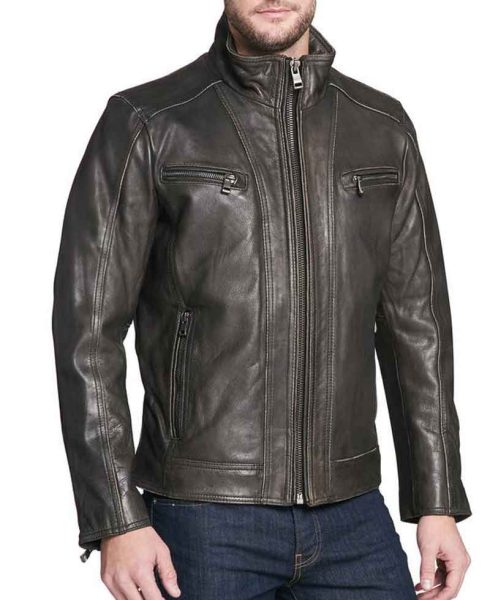 Men's Faded-Seam Cycle Vintage Leather Black  Jacket