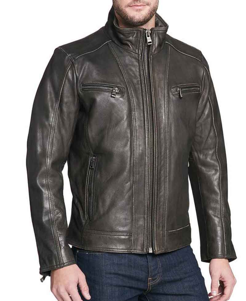Men's Faded-Seam Cycle Vintage Leather Black  Jacket