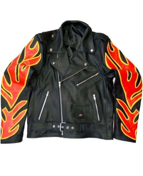 Men's Motorbike Fire Flames Leather Jacket
