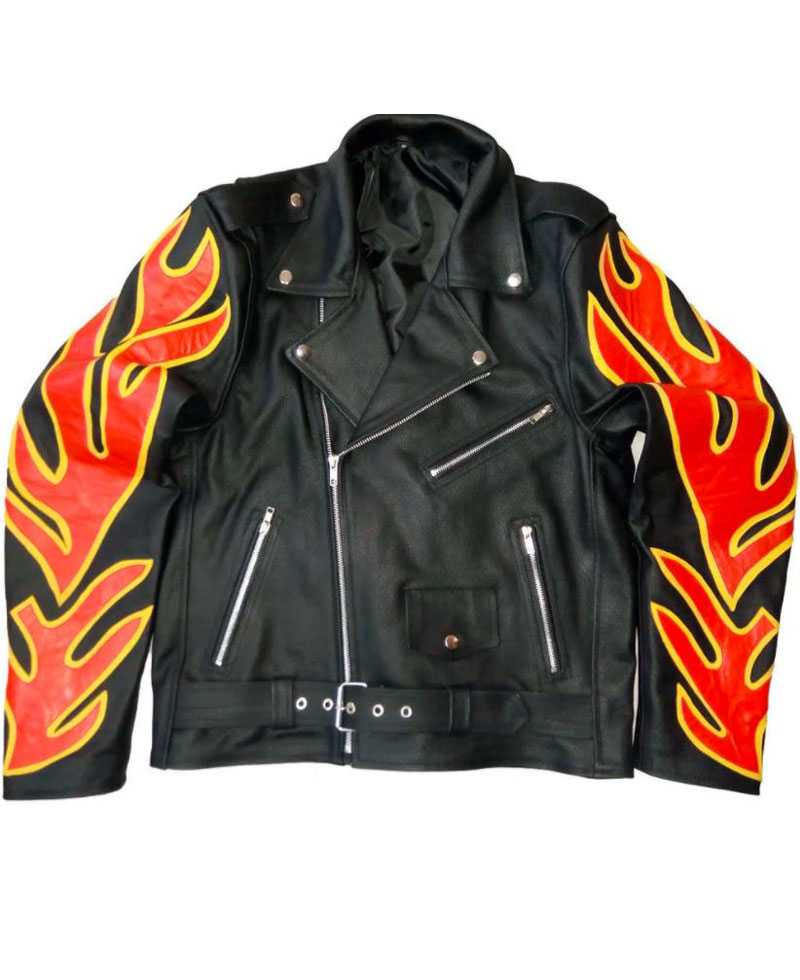 Men's Motorbike Fire Flames Leather Jacket