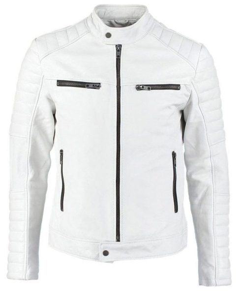 Men's FJM007 Padded Style Motorcycle White Leather Jacket