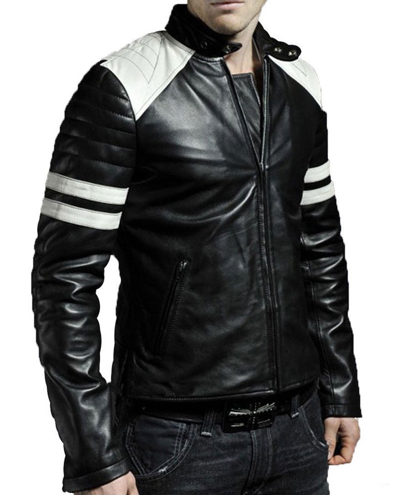 Men's FJM009 White Striped Black Leather Motorcycle Jacket
