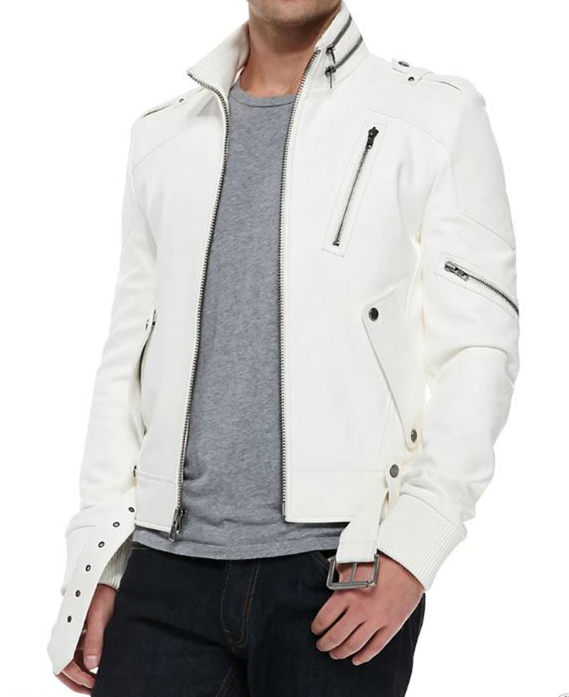 Men's FJM059 Belted White Leather Motorcycle Jacket