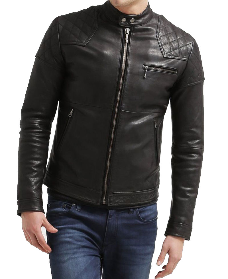 Men's FJM105 Quilted Shoulder Black Leather Motorcycle Jacket
