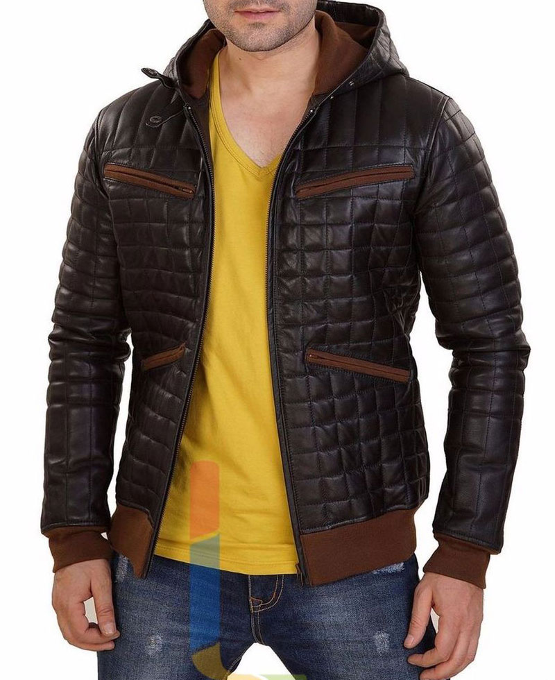 Men's FJM128 Diamond Quilted Designer Brown Leather Hoodie