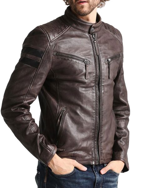 Men's FJM235 Stripes Cafe Race Brown Leather Motorcycle Jacket
