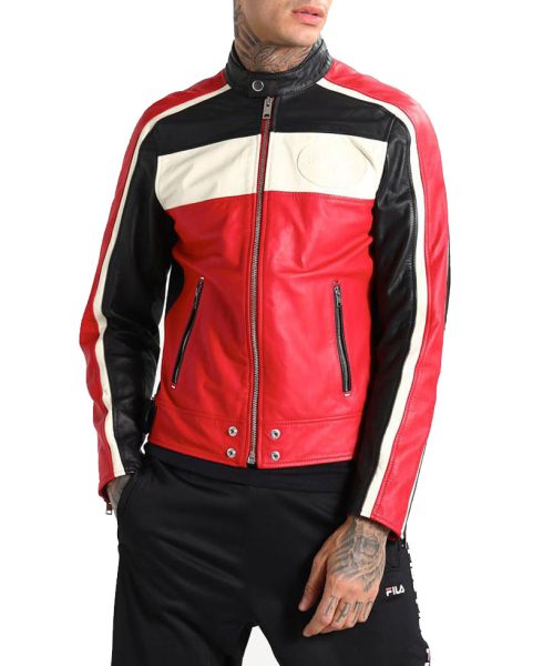 Men's FJM251 Motorcycle Striped Black Red and White Leather Jacket