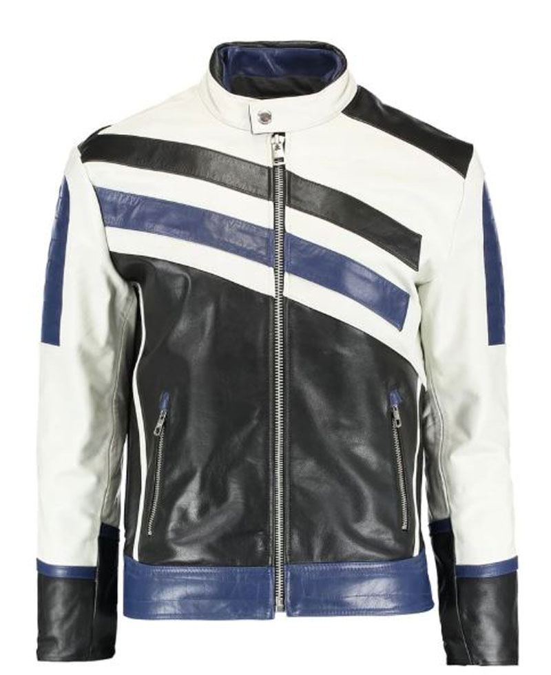 Men's FJM291 White Black and Blue Designer Leather Jacket