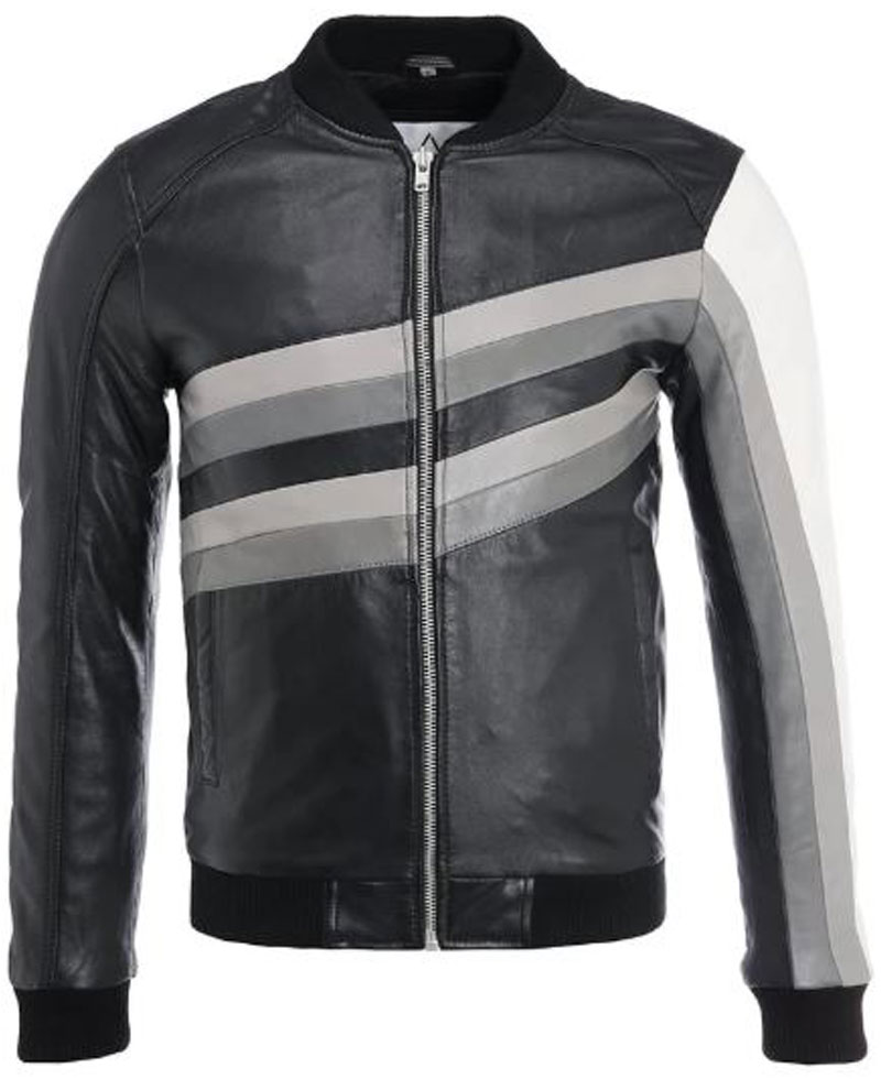 Men's FJM294 Bomber Striped Design Leather Jacket