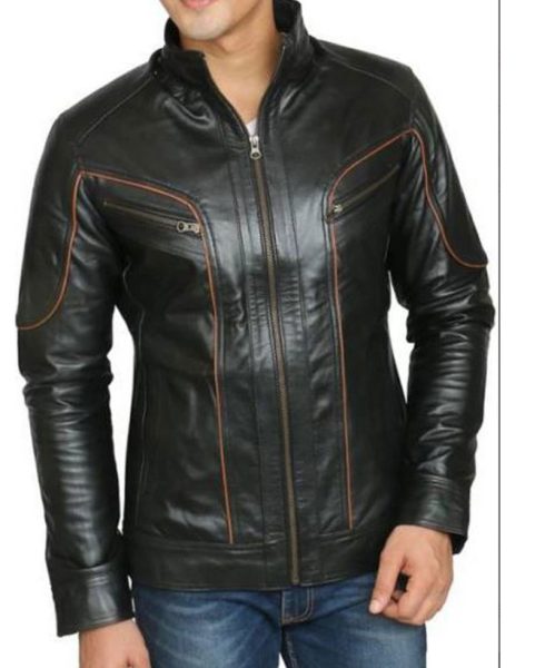 Men's FJM445 Biker Designer Brown Striped Leather Jacket