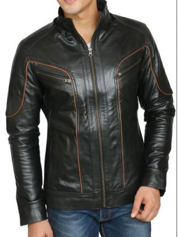 Men's FJM445 Biker Designer Brown Striped Leather Jacket