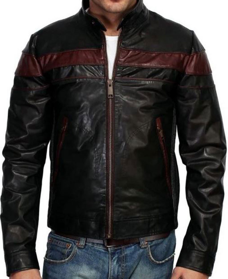 Men's FJM455 Biker Brown Striped Designer Leather Jacket