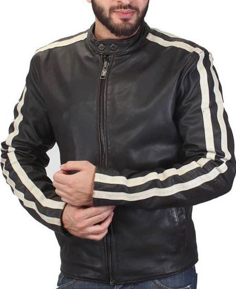 Men's FJM473 Striped Dark Brown Leather Biker Jacket