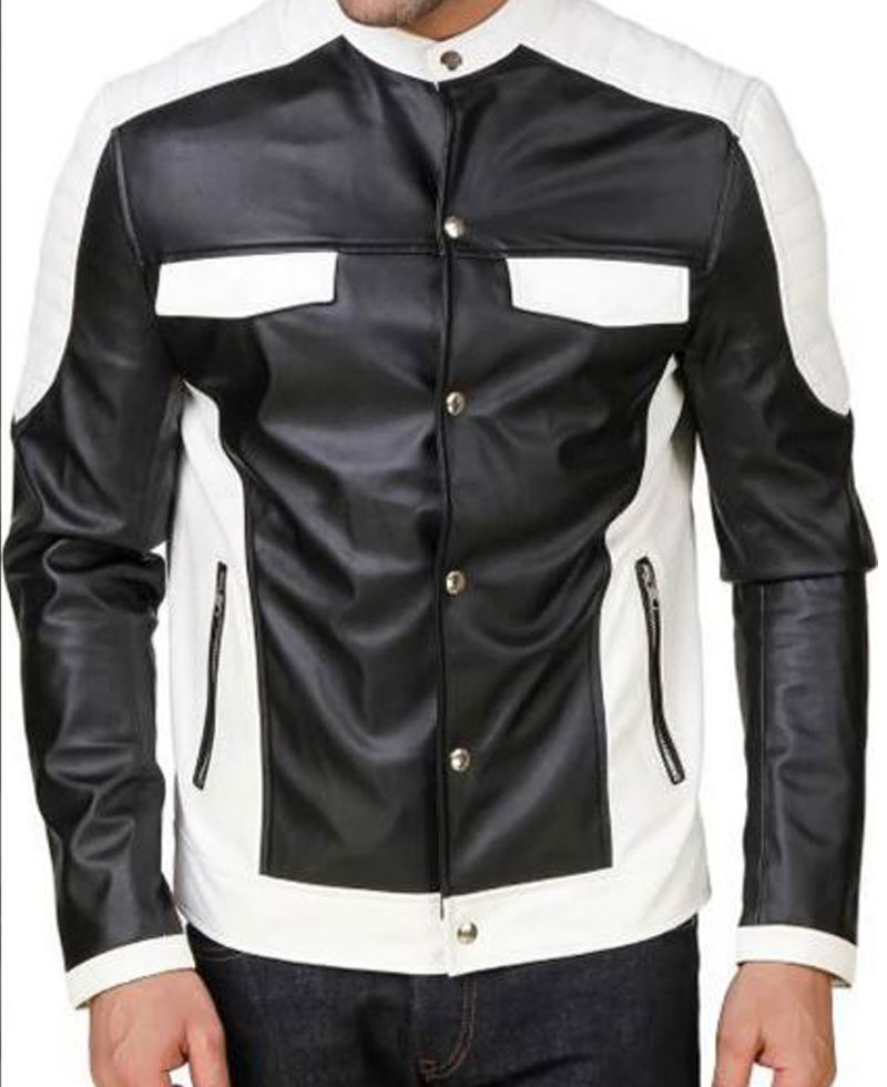Men's FJM558 Shirt Style Black and White Leather Jacket