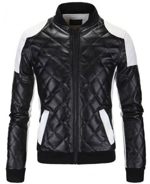 Men's FJM574 Bomber White and Black Quilted Leather Jacket