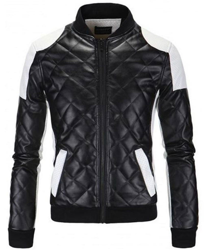 Men's FJM574 Bomber White and Black Quilted Leather Jacket