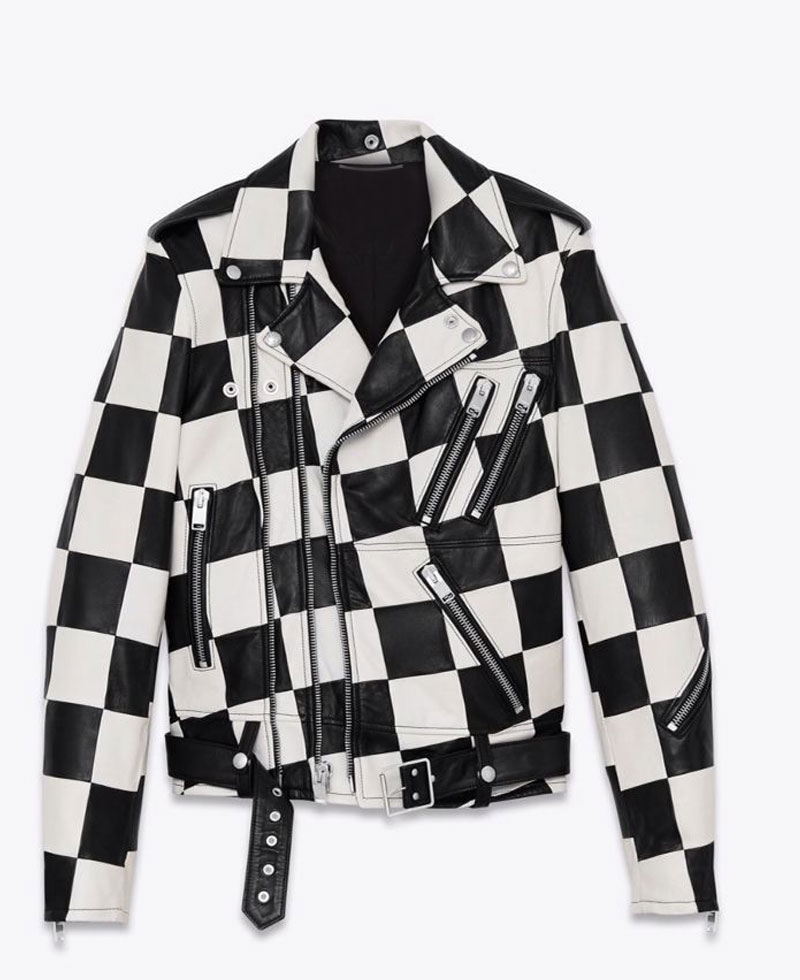 Men's Belted Checkerboard Leather Jacket