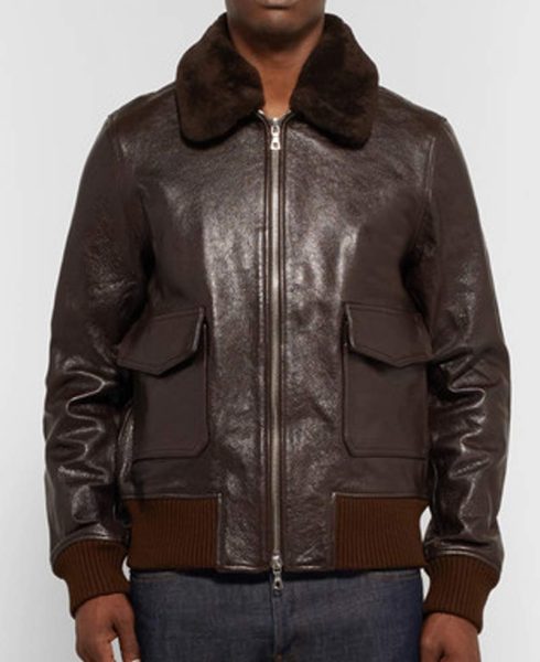 Men's John Bomber Brown Leather Jacket with Fur Collar