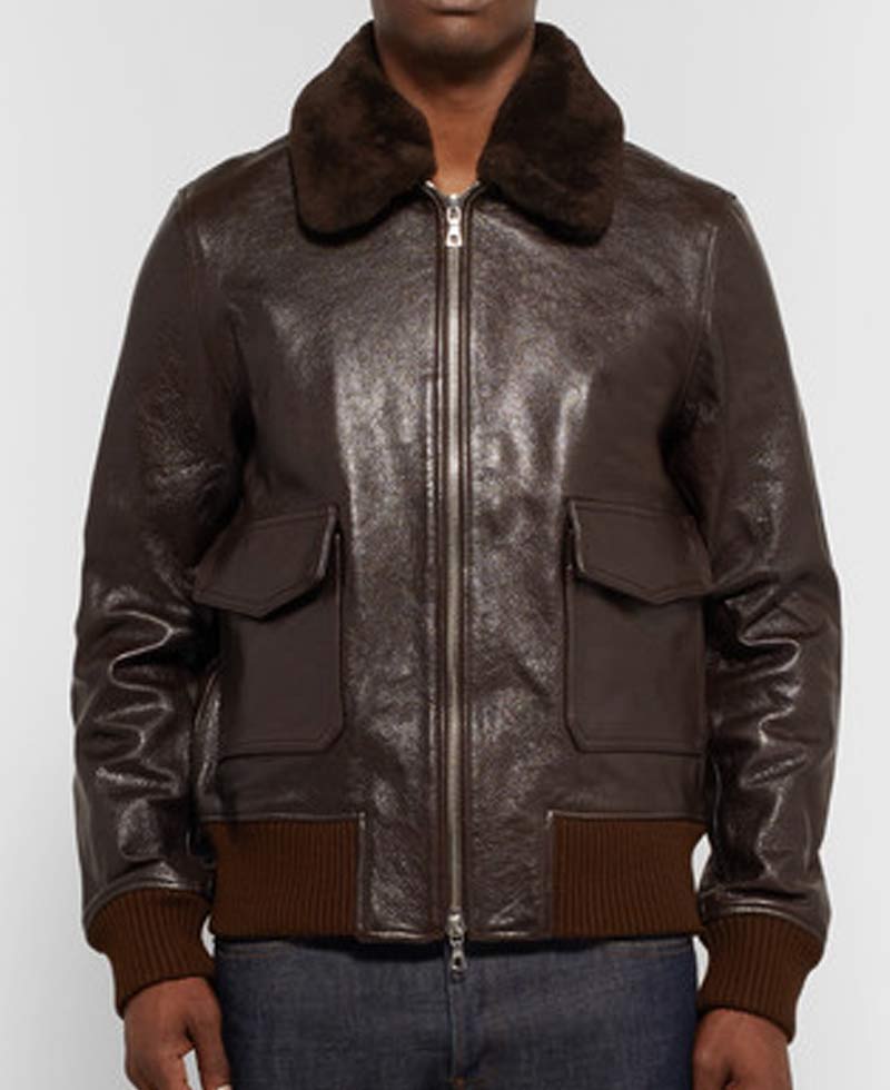 Men's John Bomber Brown Leather Jacket with Fur Collar