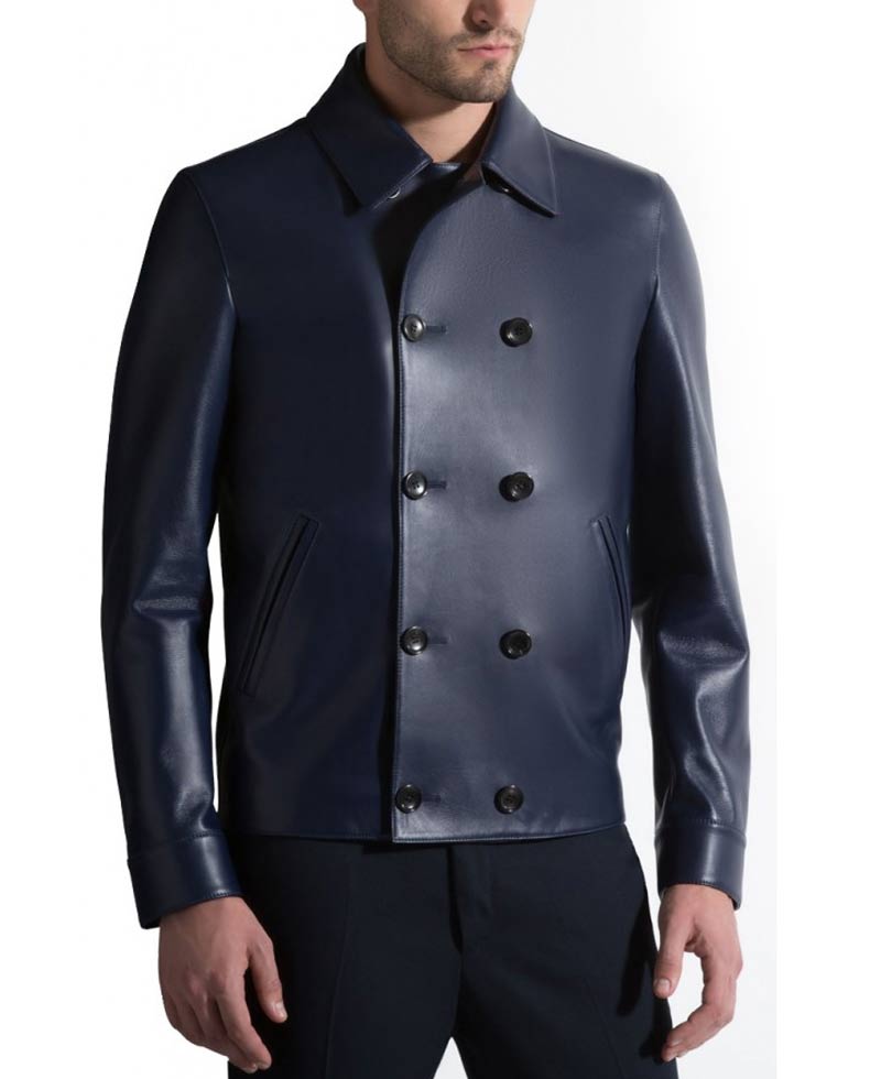 Men's Navy Blue Leather Peacoat