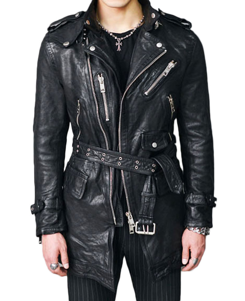 Men's Biker Mid Length Belted Black Leather Coat