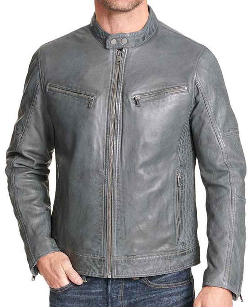 Men's Mock Collar Zipper Pockets Grey Leather Motorcycle Jacket