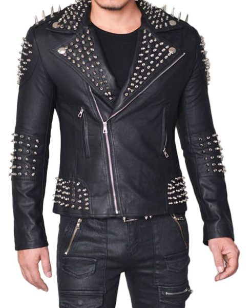 Men's Biker Spiked Black Lambskin Leather Jacket