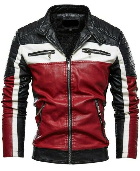 Men's Black White and Red Slim Fit Leather Biker Jacket