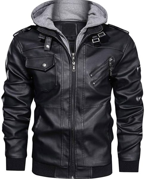 Men's Bomber Motorcycle Black Leather Jacket with Hood