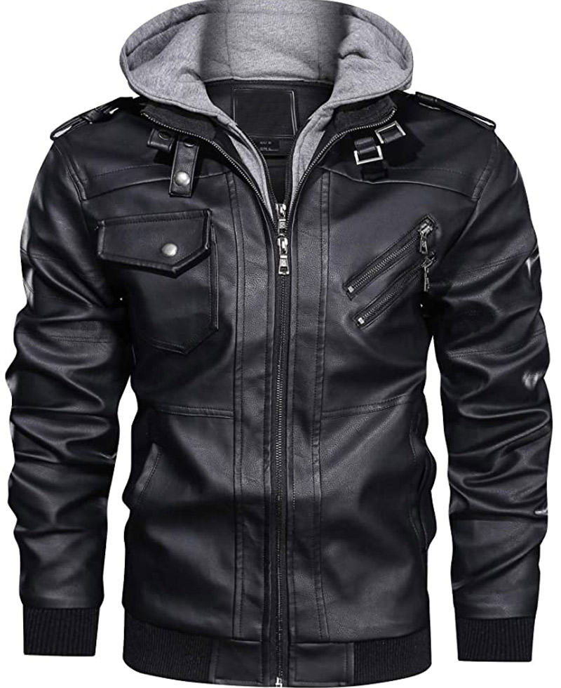 Men's Bomber Motorcycle Black Leather Jacket with Hood