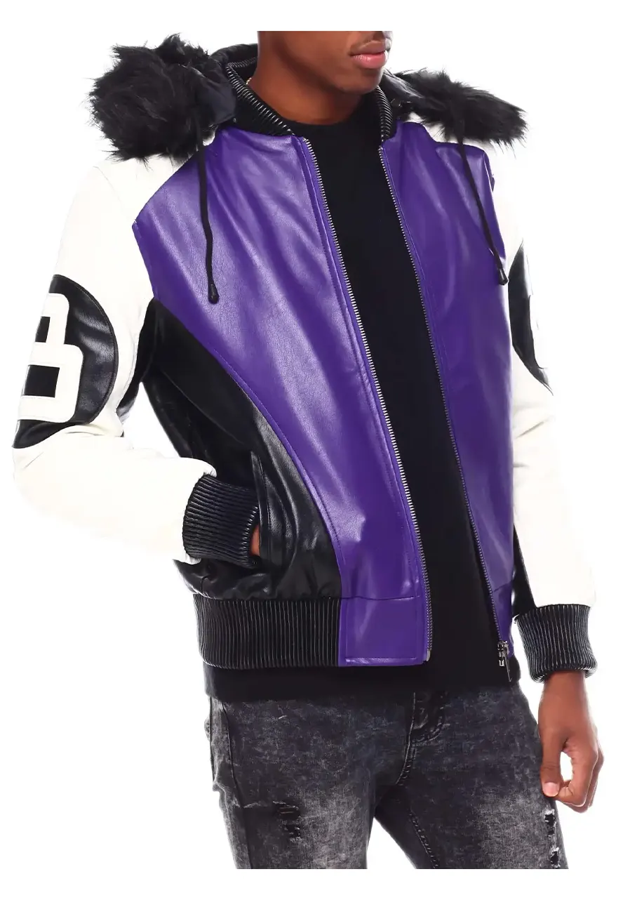 Mens Purple 8 Ball Hooded Bomber Jacket