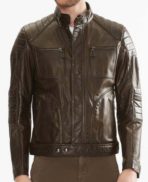 Men's Brown Waxed Leather Quilted Moto Jacket