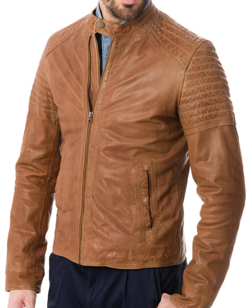 Men's Tan Brown Snap Tab Collar Quilted Shoulder Jacket