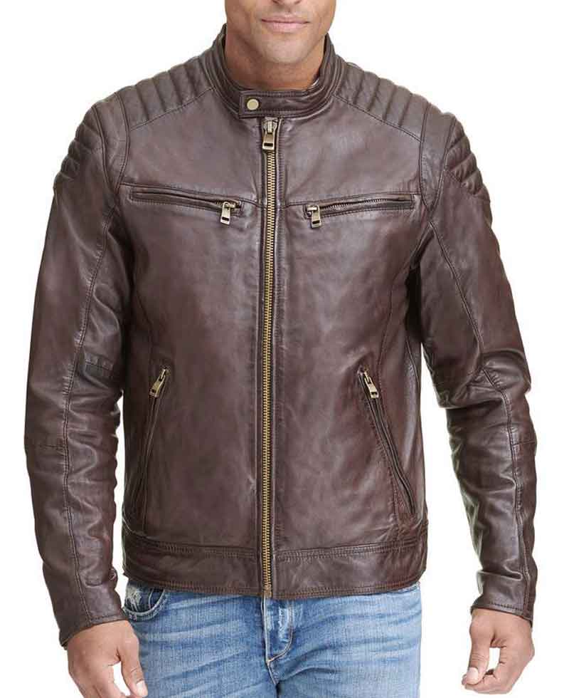 Men's Quilted Shoulder Zipper Pockets Biker Brown Leather Jacket