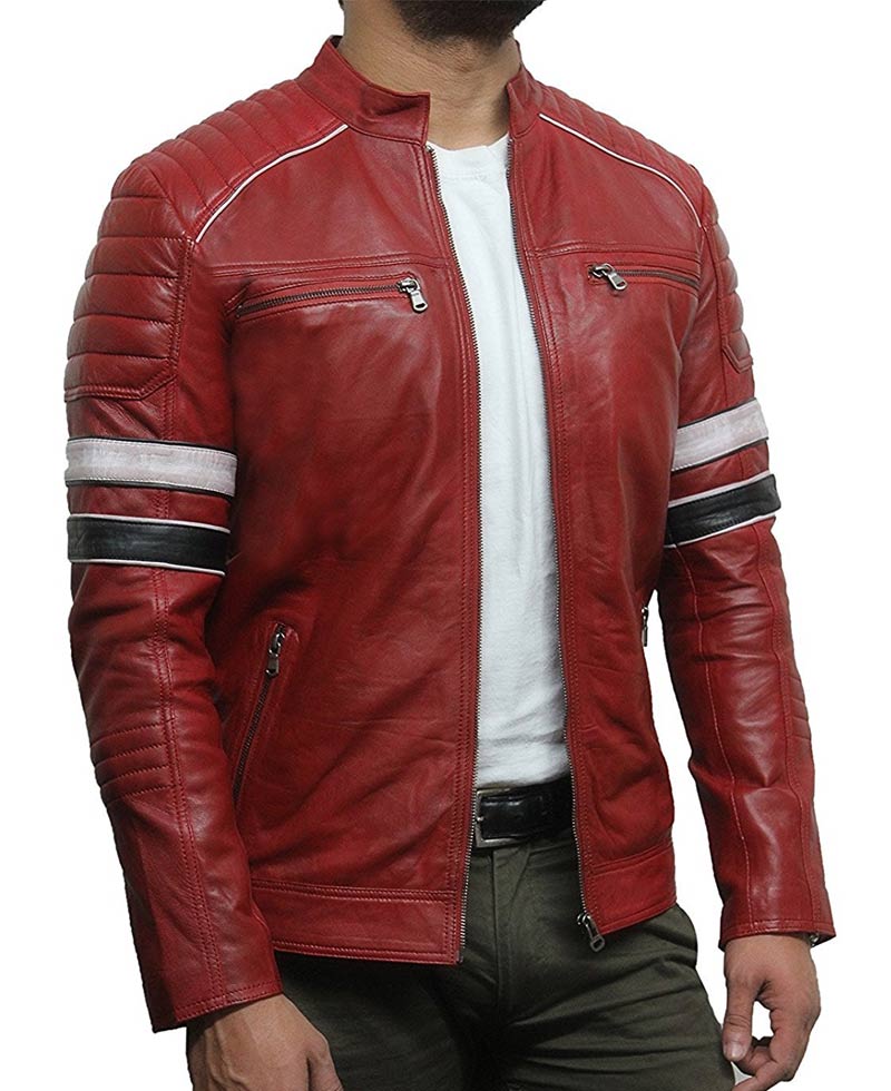 Men's Quilted Shoulders Motorcycle Red Leather Jacket