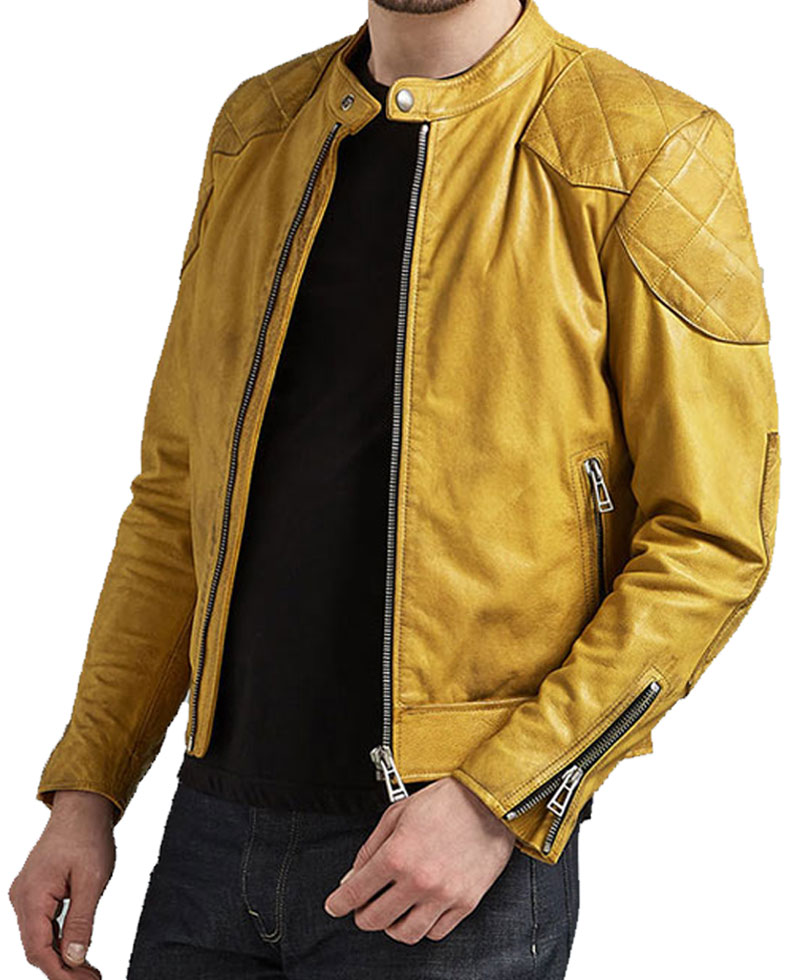 Men's Quilted Snap Tab Collar Cafe Racer Yellow Leather Jacket