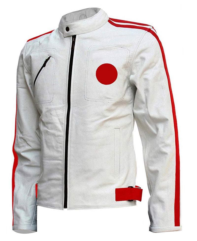 Men's Biker White Leather Red Striped Jacket