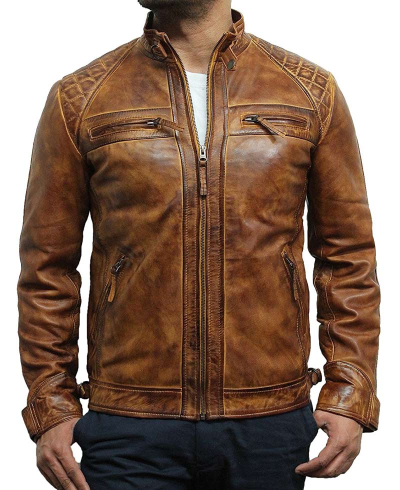 Men's Retro Style Casual Waxed Tan Brown Leather Jacket