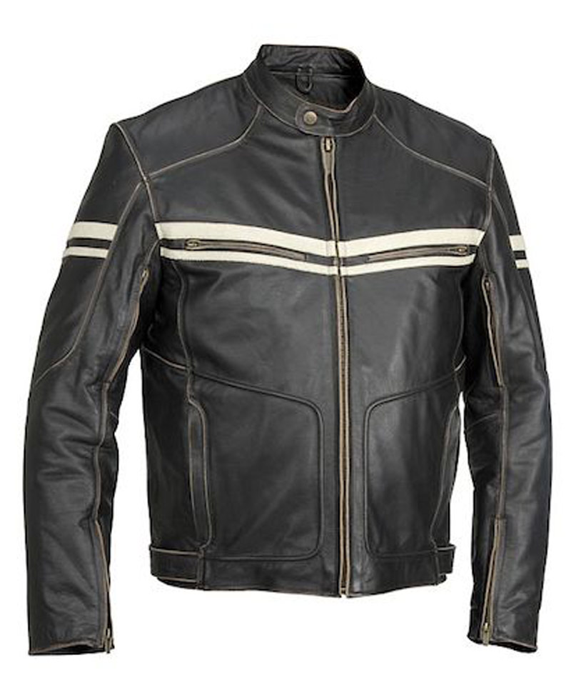Men's Vintage Black Leather Biker Jacket with White Striped Design