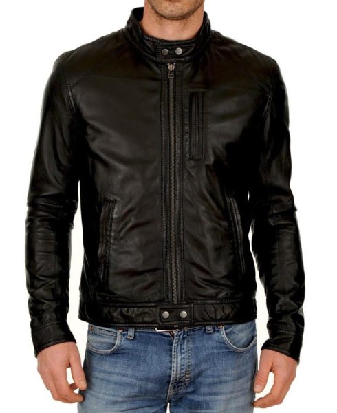 Men's Round Neck Snap Button Collar Leather Jacket