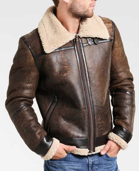 Men's Aviator Distressed Leather Shearling Jacket