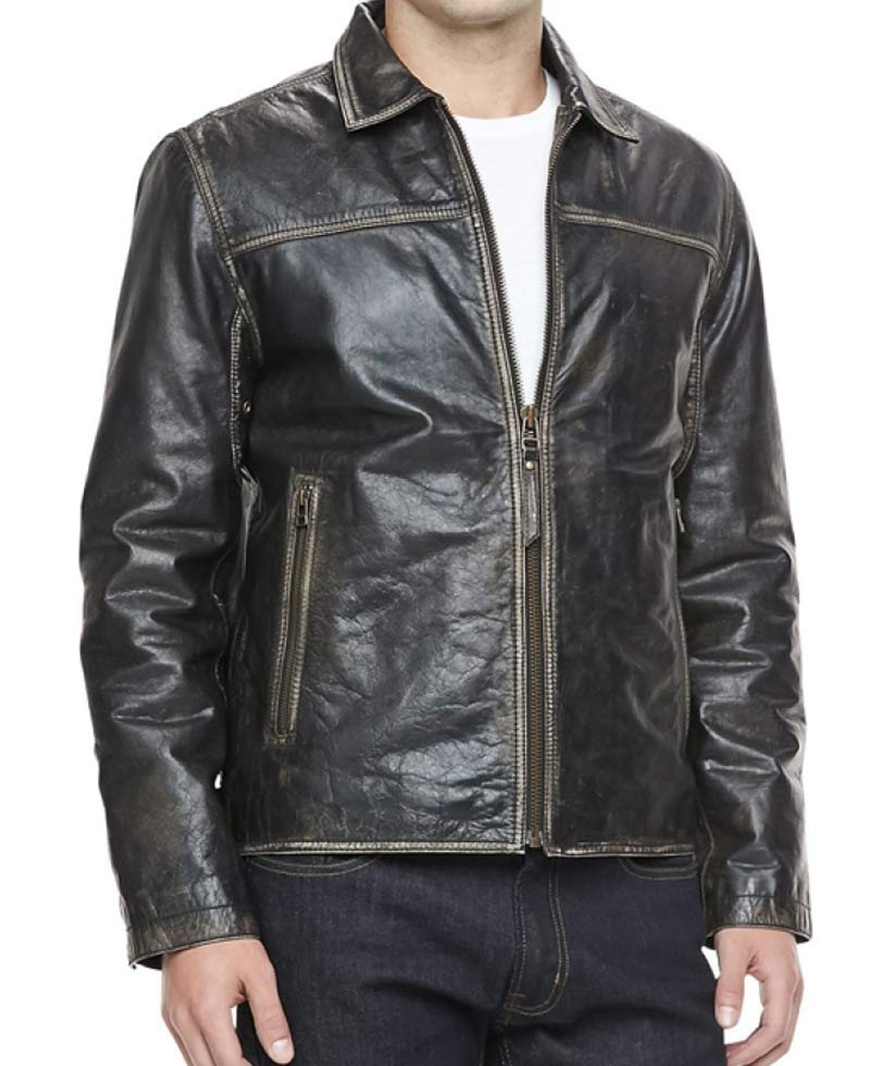 Men's Shirt Collar Distressed Black Leather Jacket