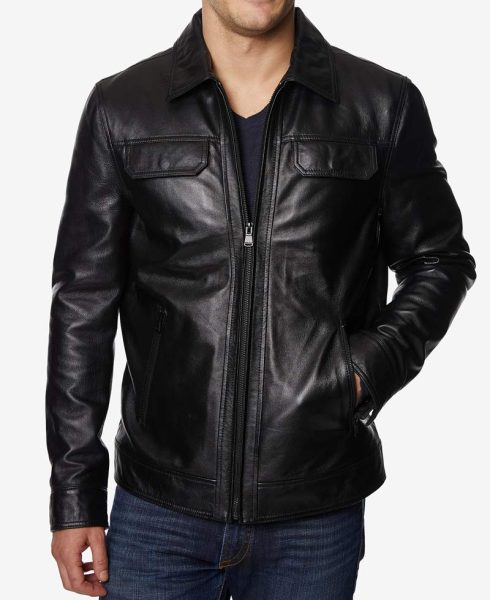 Men's Shirt Collar Style Causal Full Zip Leather Jacket