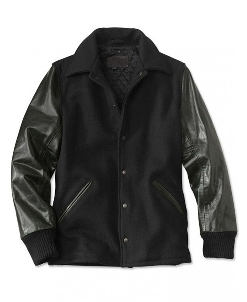 Men's Varsity Shirt Collar Black Jacket with Leather Sleeves