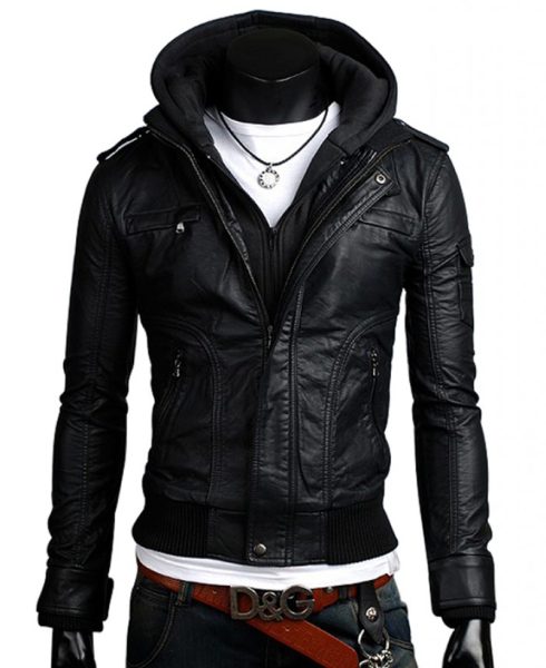 black leather jacket with hoodie