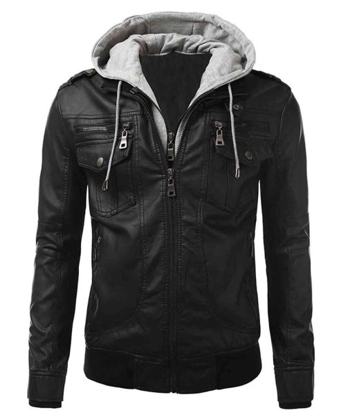 men's biker slim fit black leather bomber jacket