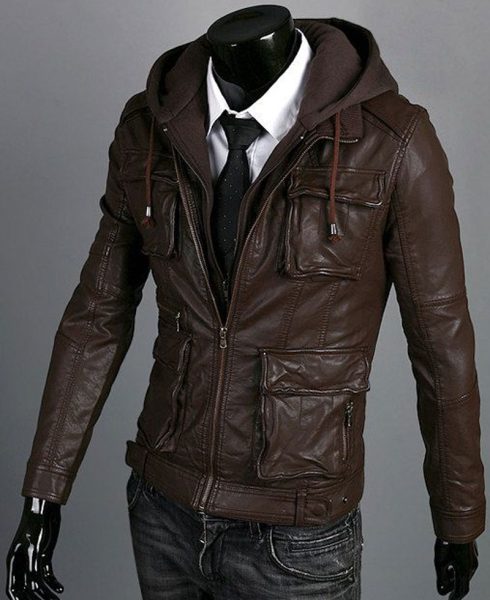 Men's Slim Fit Multi Pocket Brown Leather Jacket
