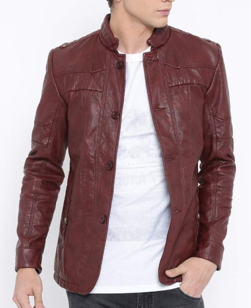 Men's Casual Wear Burgundy Faux Leather Jacket